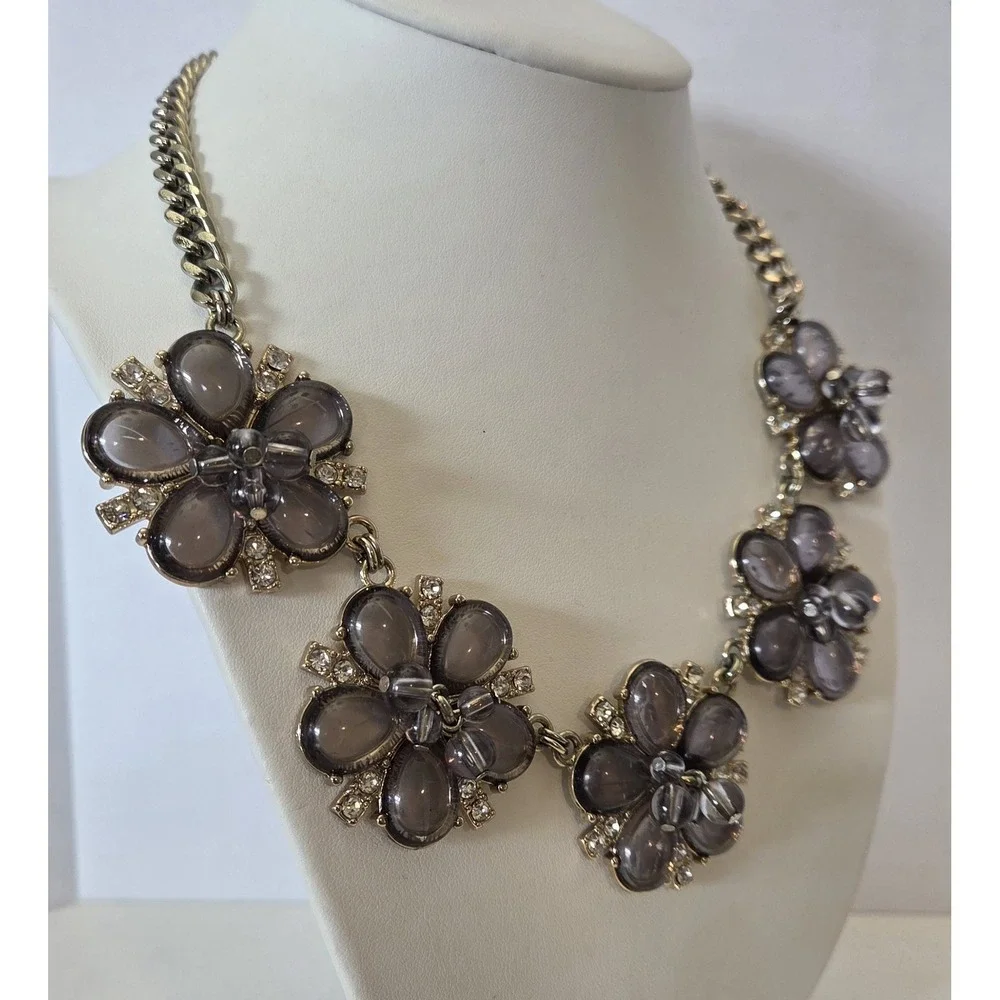 Floral Clear Crystal Rhinestones Necklace Smoky Gray‎ Beaded Flowers Chunky 19